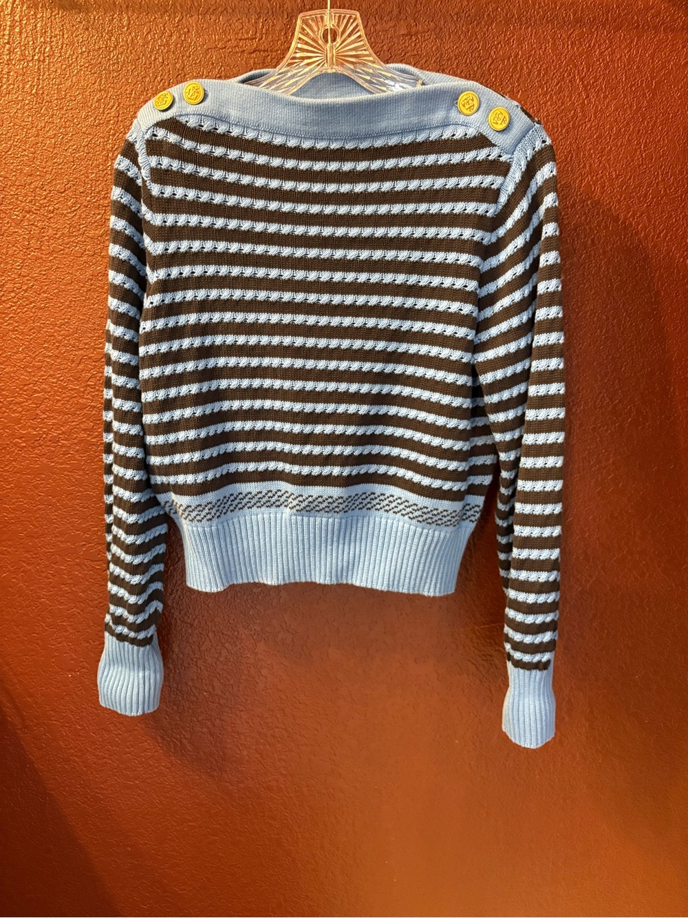 Striped Blue and Black Knit Sweater with Button Details